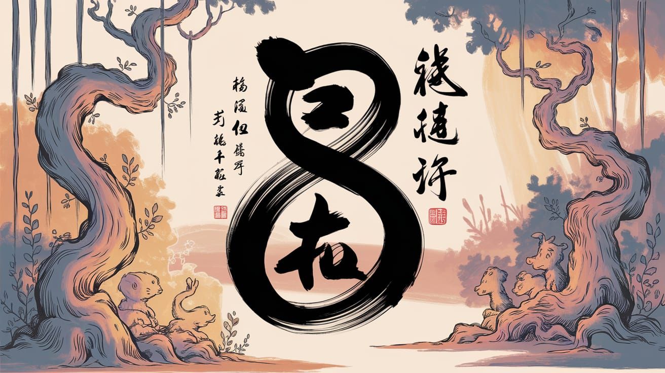 Calligraphic Number Eight in Ink Wash Style