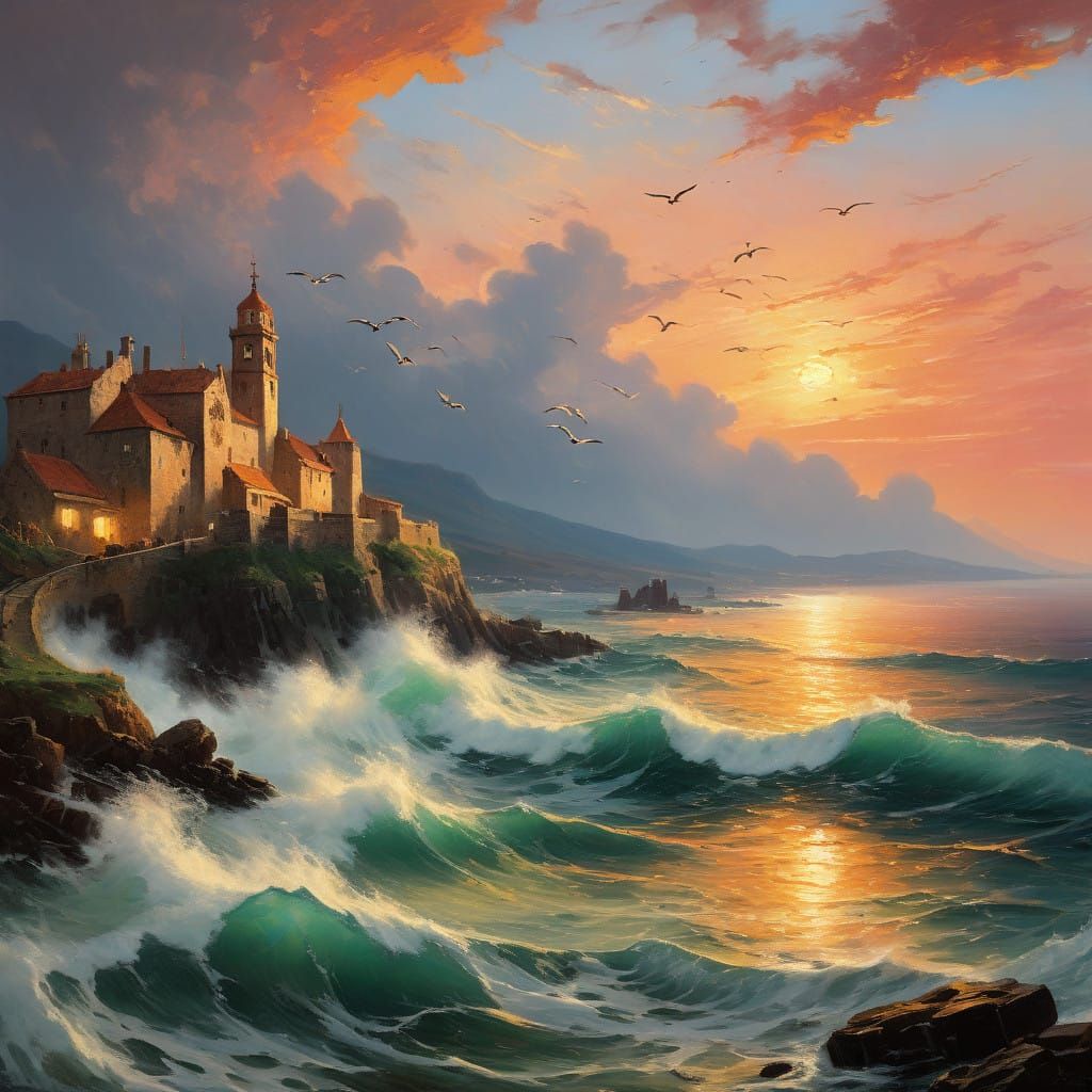 Dramatic Sunset with Migratory Birds and Medieval Village