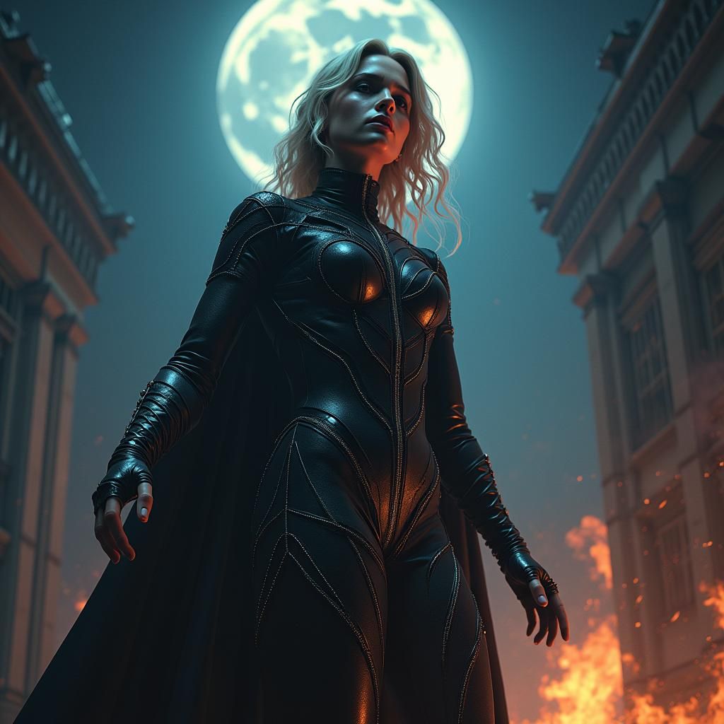 Mystical Moonlit Heroine in Cyberpunk-Inspired Fantasy