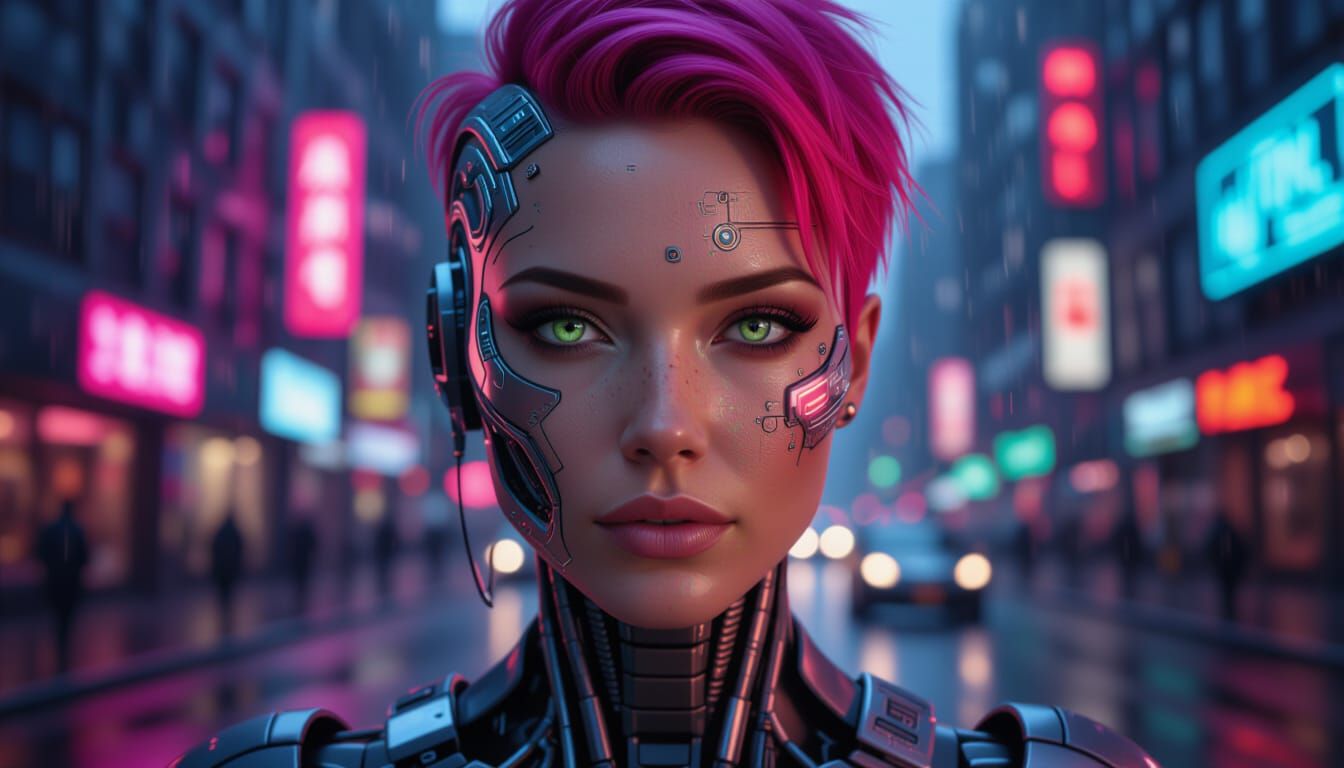 Cyberpunk Cyborg Woman in Rainy New York City