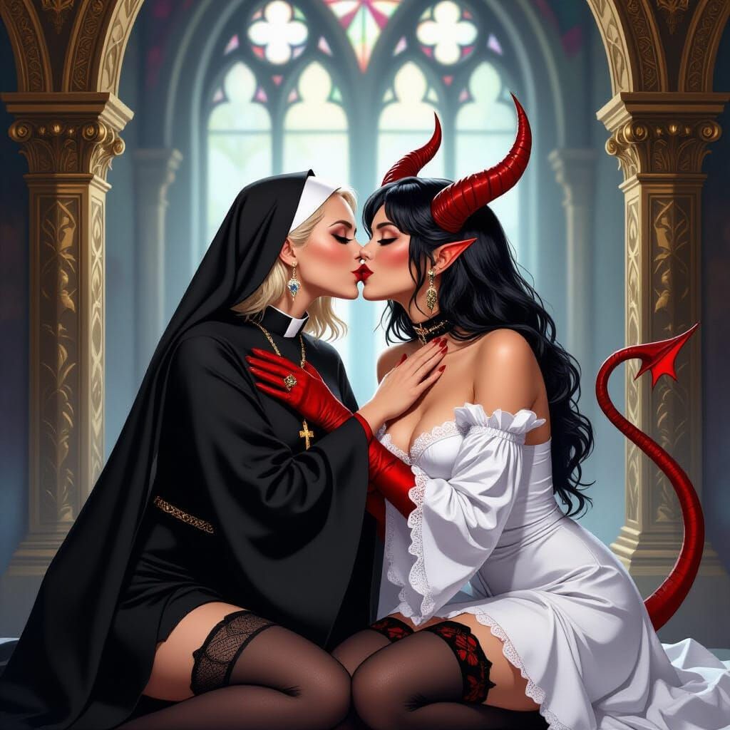 Passionate Kiss Between Priestess and Demon in Stockings