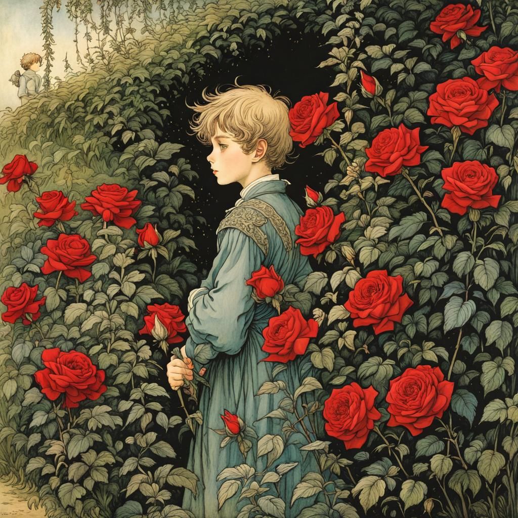 Prince Hiding Behind Rose Hedge in Rackham Style
