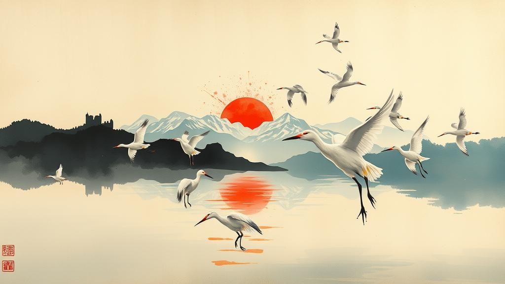 Cranes in Lakeside Ink Wash Painting