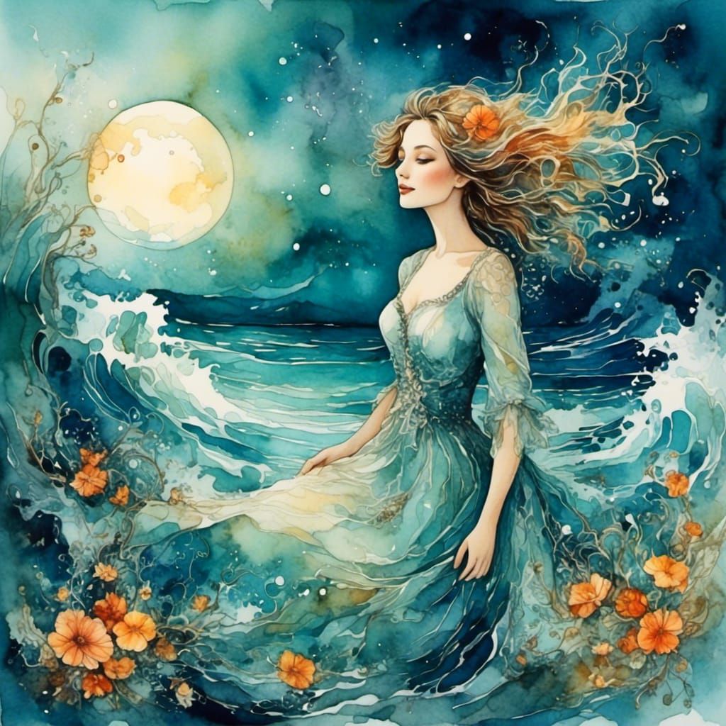 Playful Woman in Moonlight: Watercolor Art