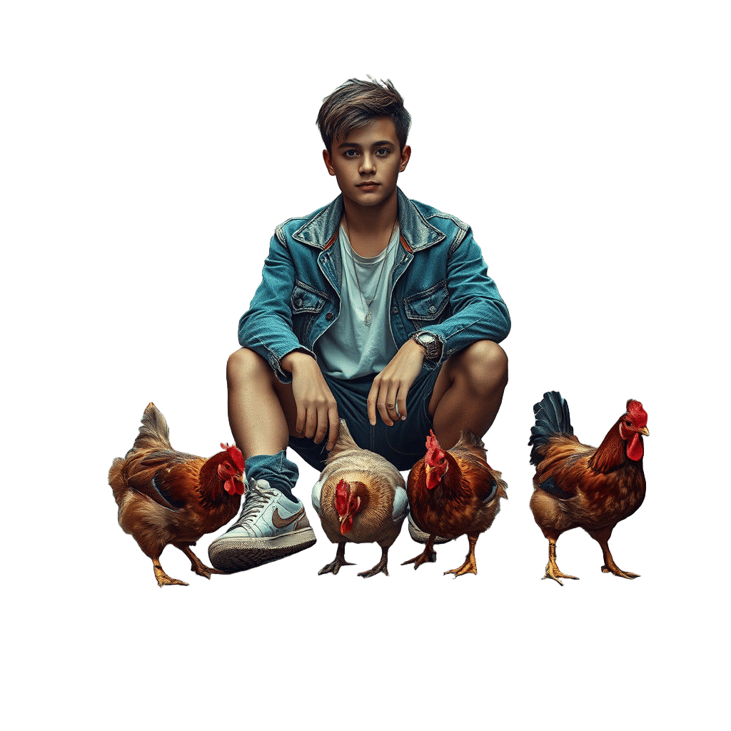 Young Man with Chickens on Sidewalk