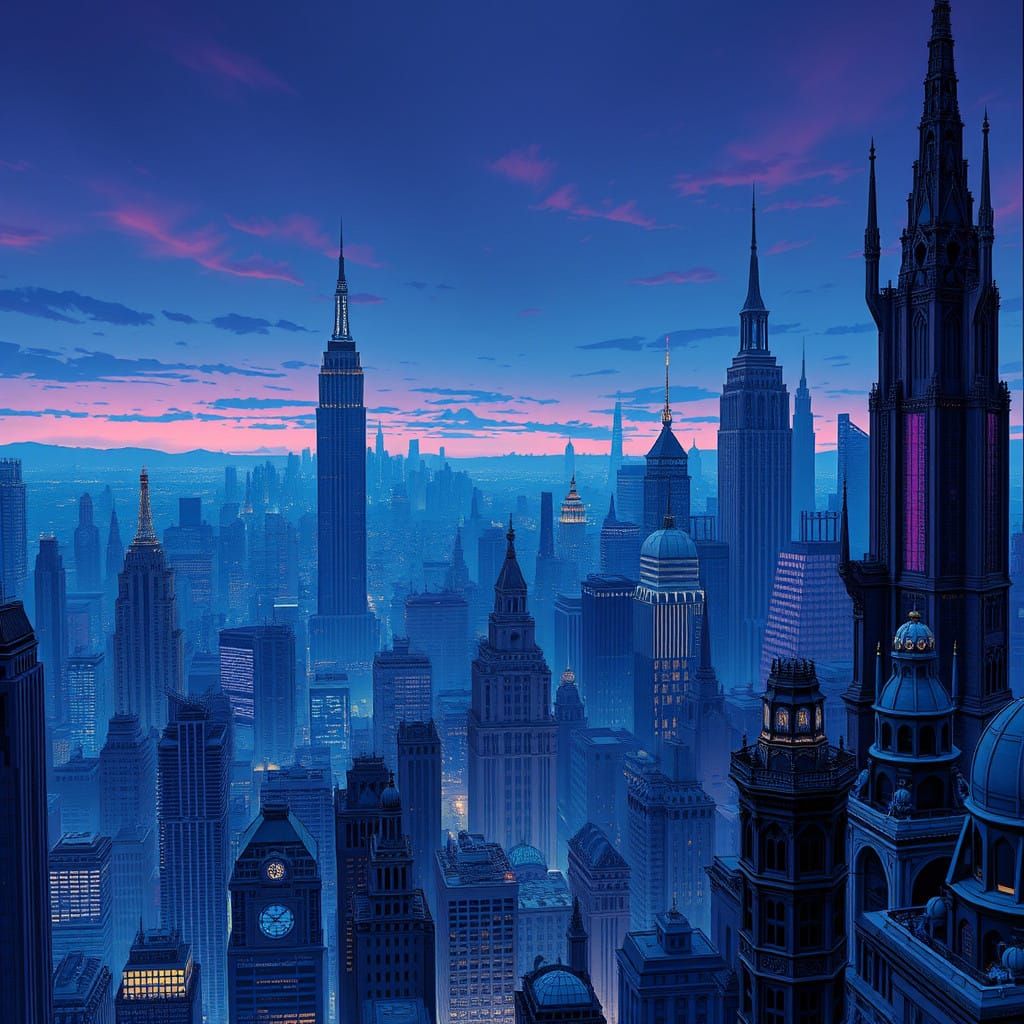 Indigo Metropolis at Twilight in Cyberpunk Style