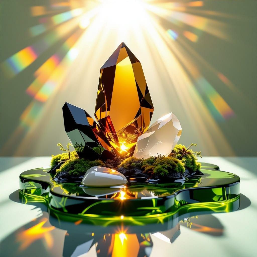 Abstract Emblem with Amber Stones and Sunlight Reflections