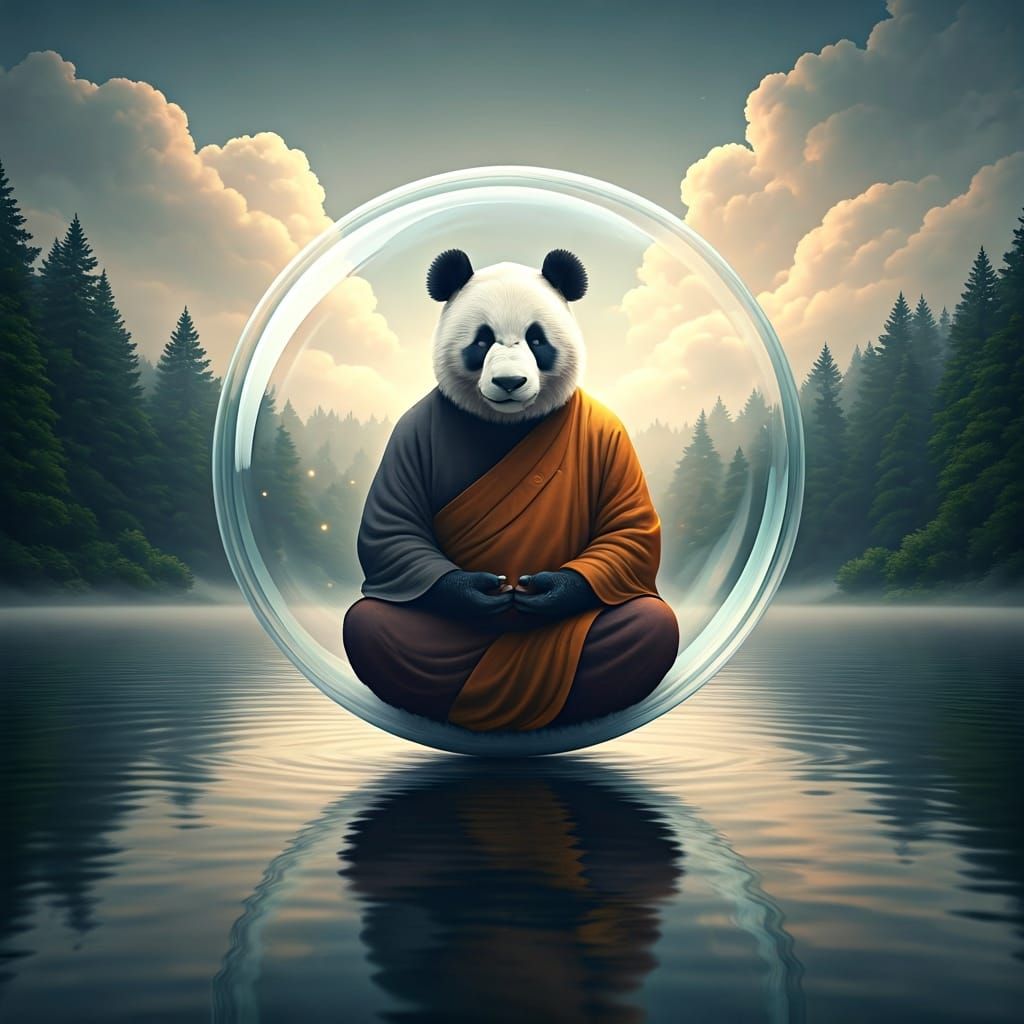 Panda Monk in Floating Bubble Meditates