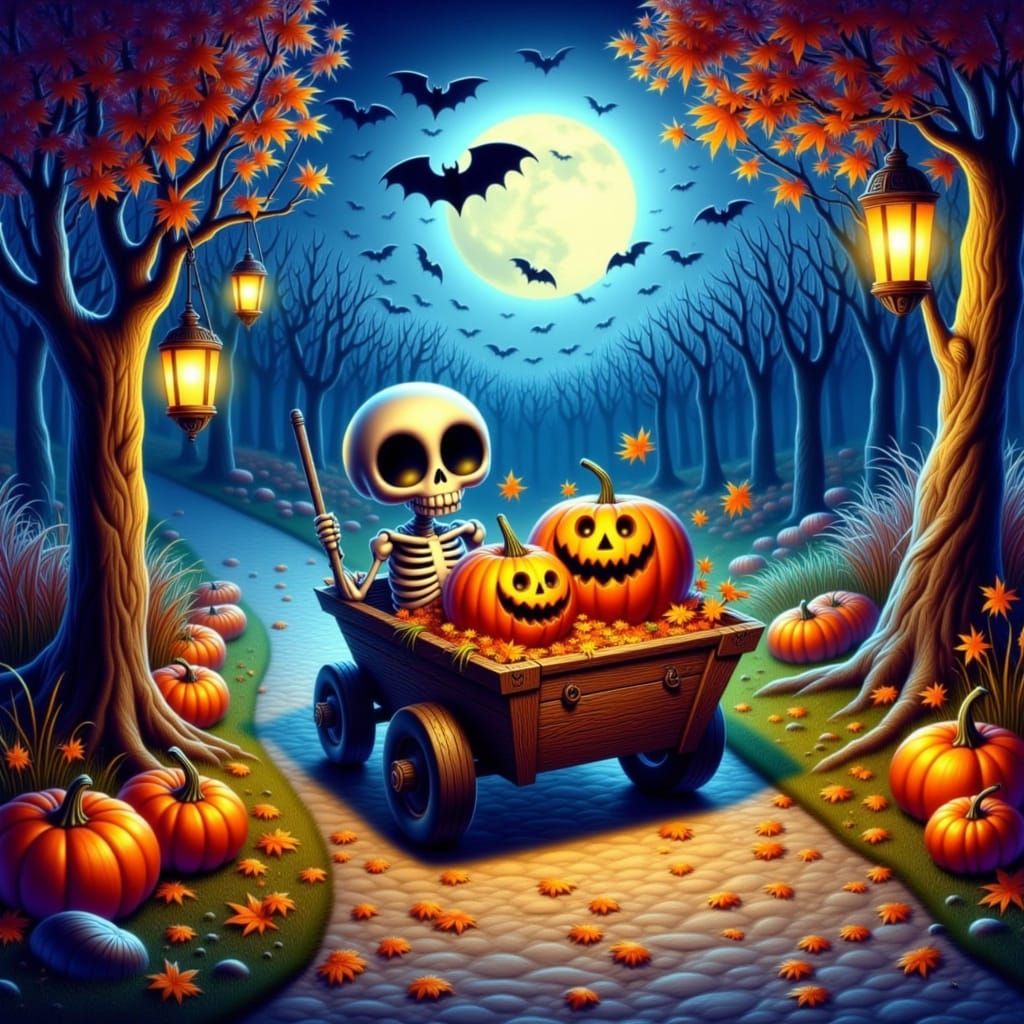 Cute Skeleton Hayride Through Spooky Forest