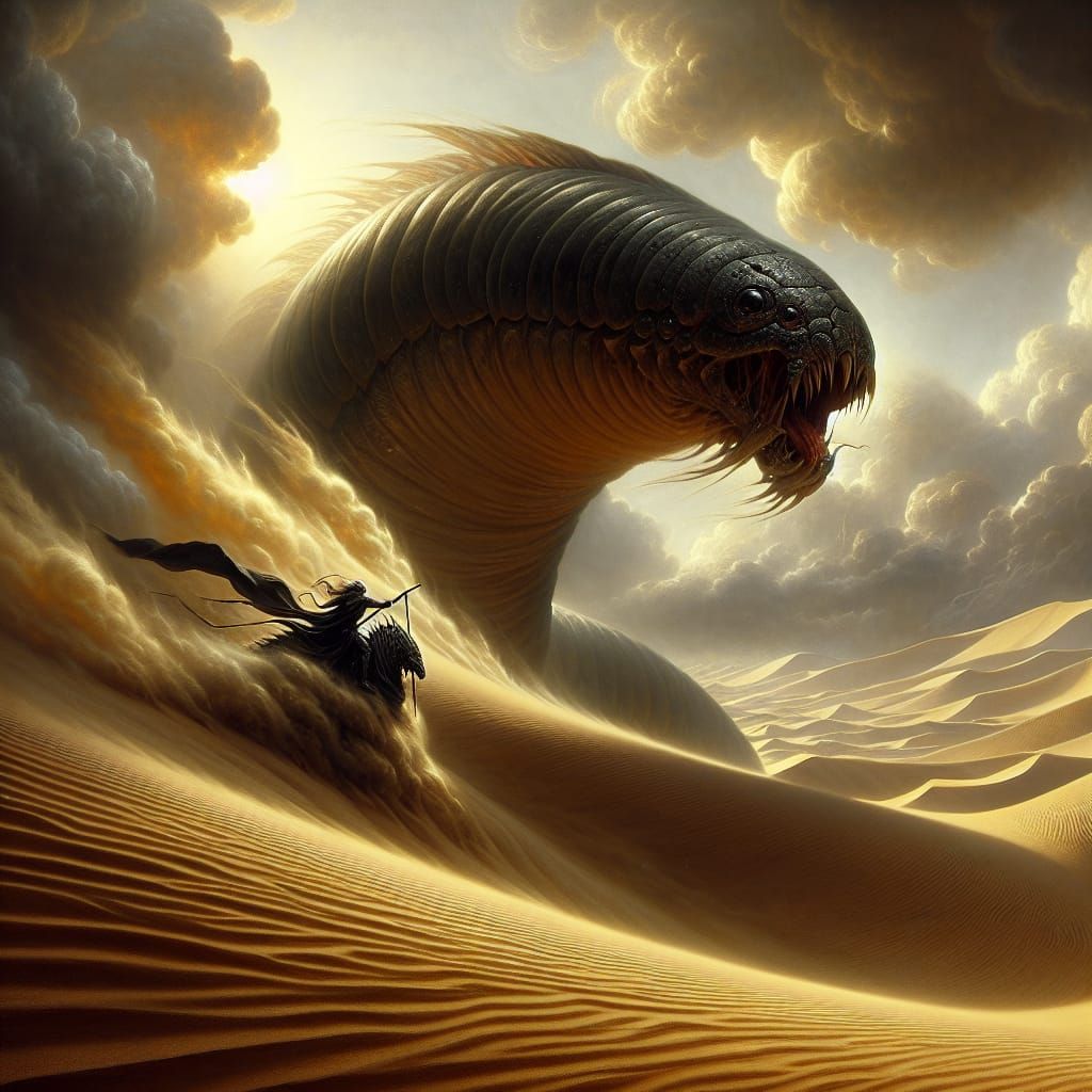 Fremen Warrior Rides Sandworm in Desert Storm