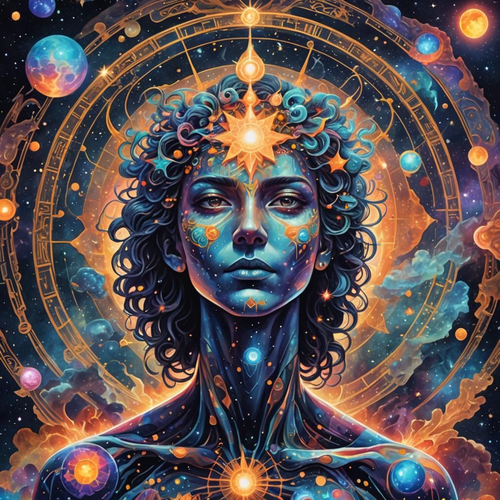 Astral Cosmic Illustration in Mixed Media Style