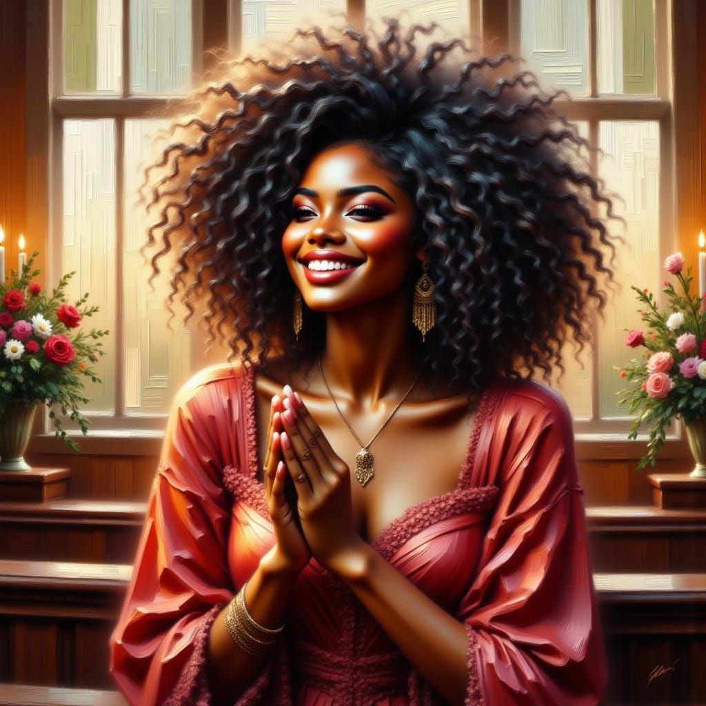 A Black Woman in Church Attire Prays with Serene Intensity