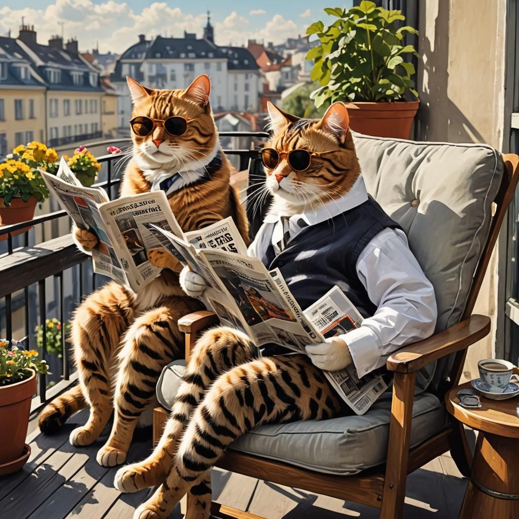 Cats Enjoying Retirement Reading Newspapers