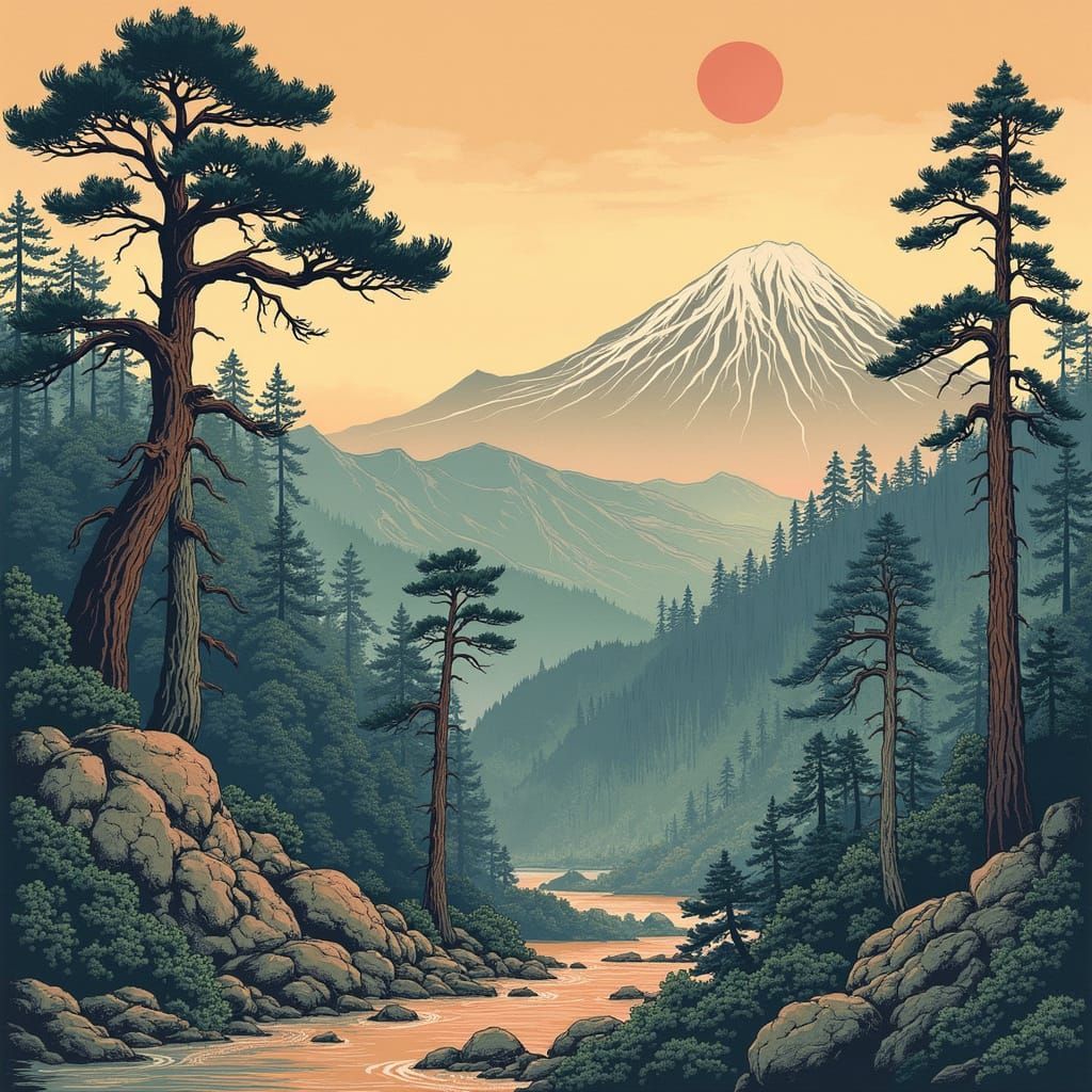 Jurassic Landscape in Japanese Woodblock Print Style