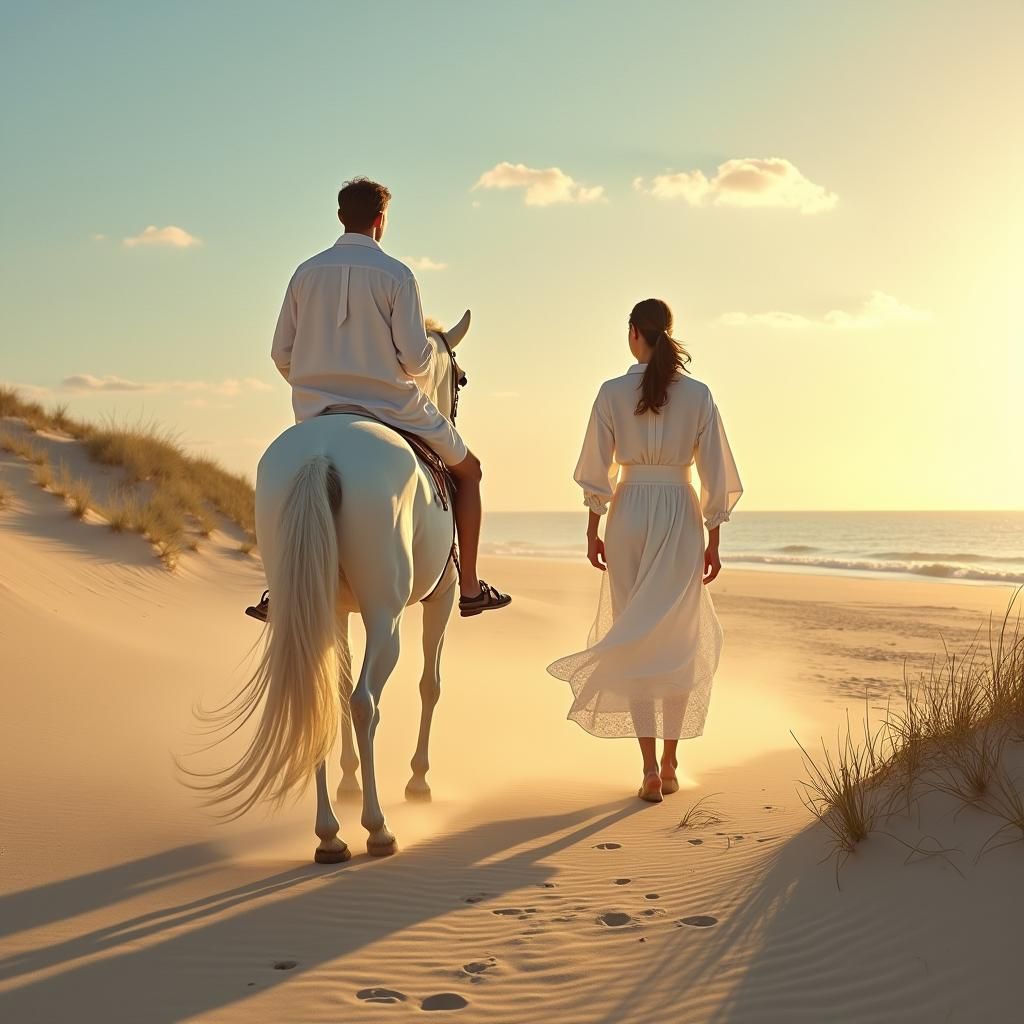 Romantic Beach Sunset with White Horse in Realistic Style