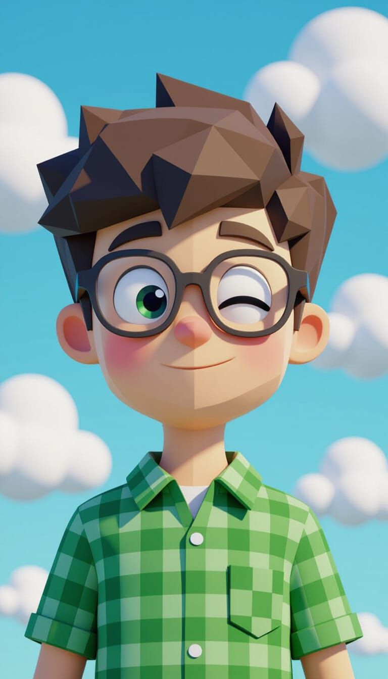 Low Poly 3D Boy with Cartoon Cloud Background