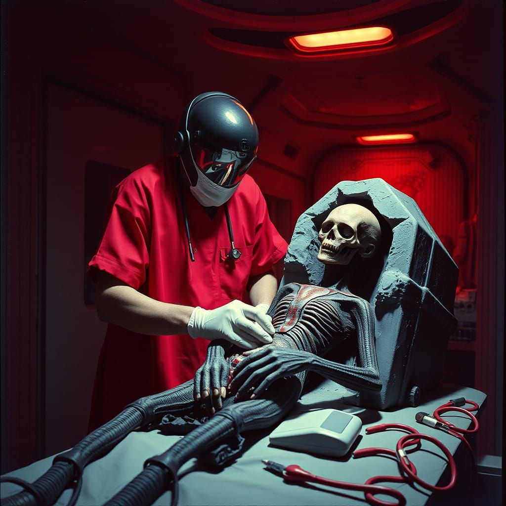 Retrofuturistic Doctor in Space Dissects Alien Mummy