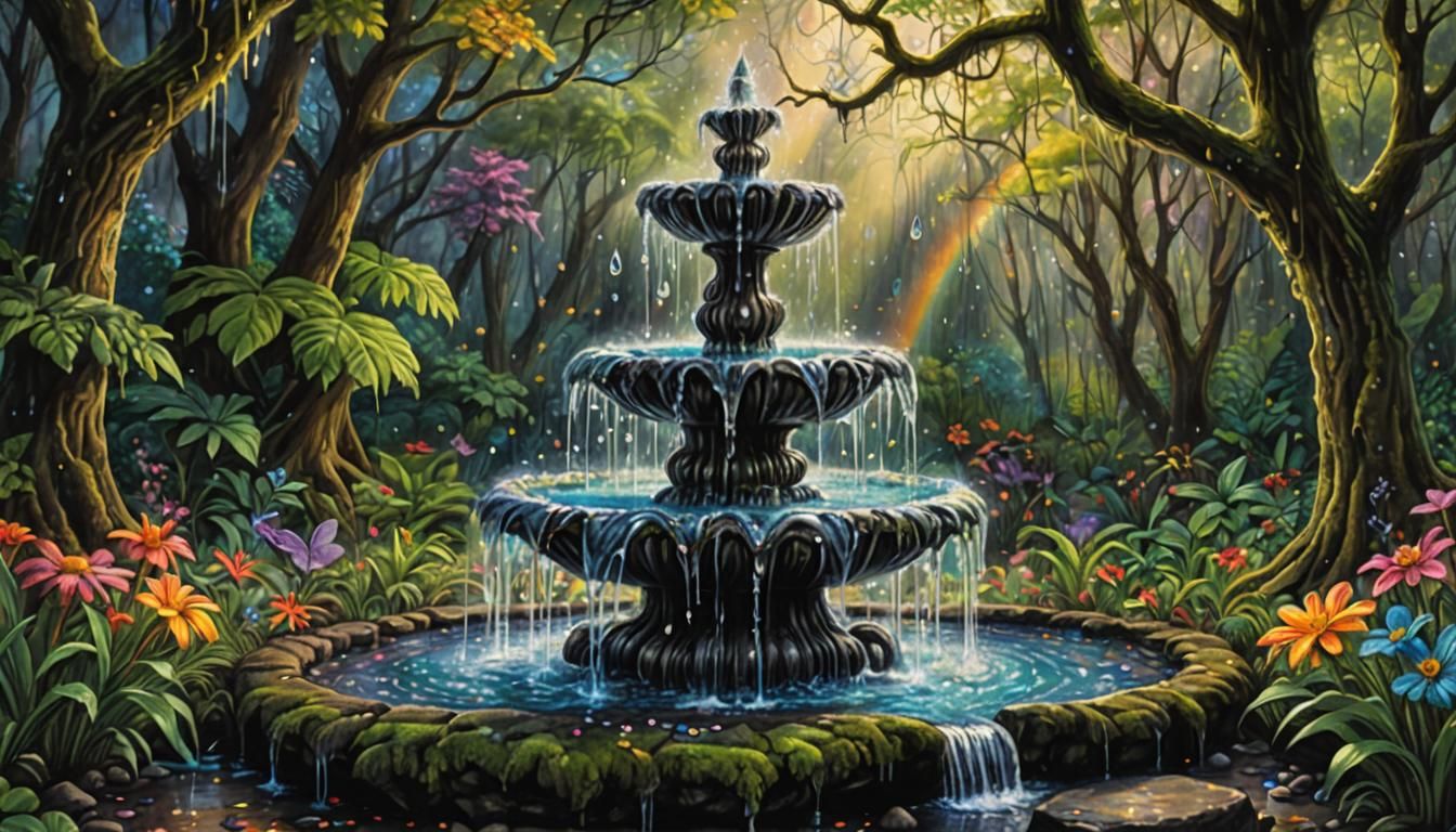 Enchanted Fairy Fountain with Rainbow Water, Charcoal Drawin...