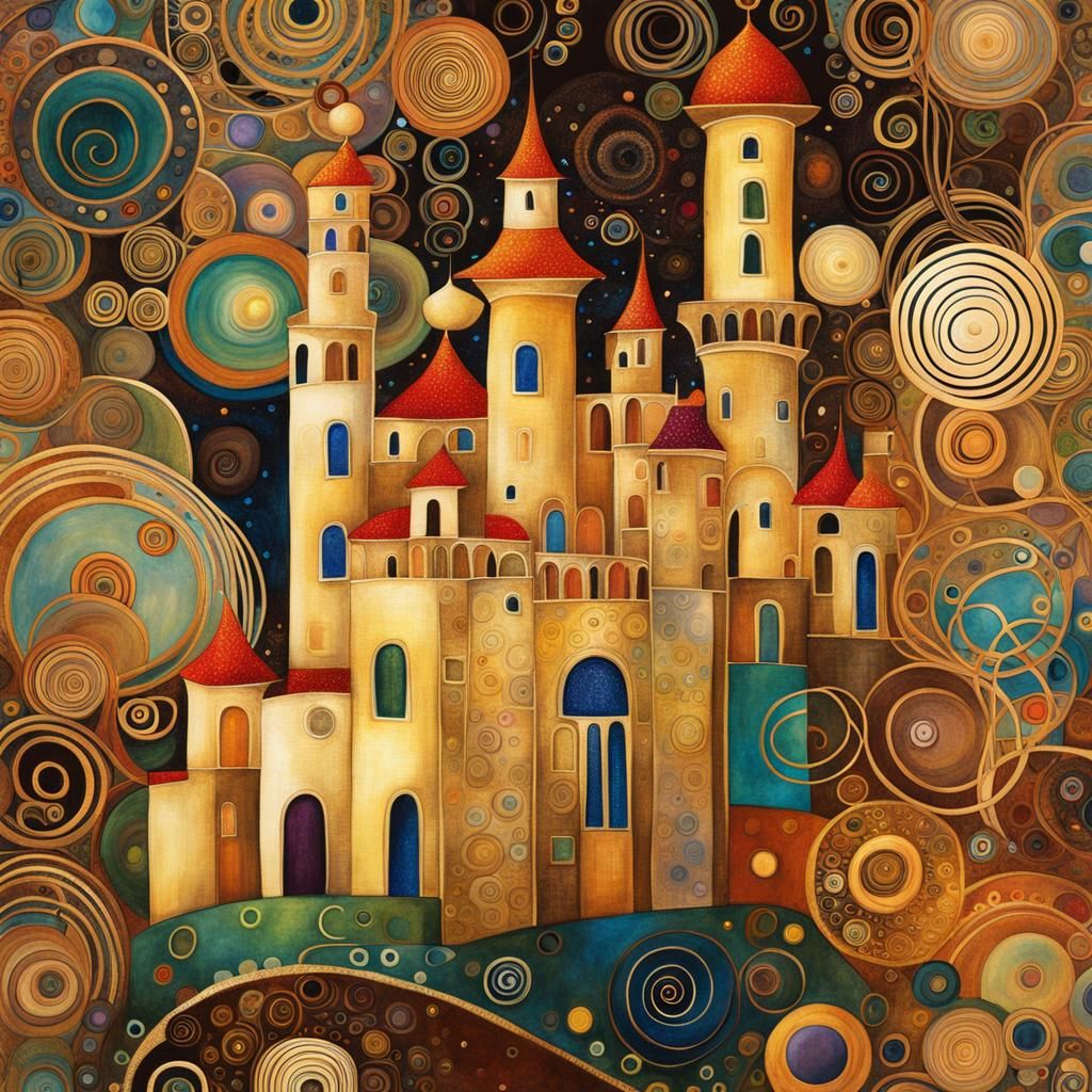 Klimt Inspired Castle Illustration with Abstract Patterns