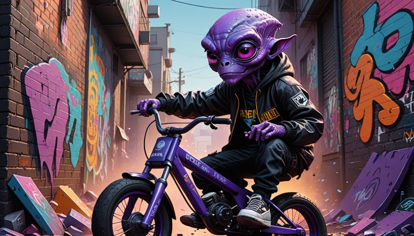 Violet Alien Rides Graffiti Half Pipe in Hyper Realistic 3D