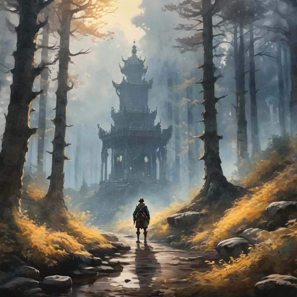 Heroic Figure in Golden Forest, Gouache Impressionism