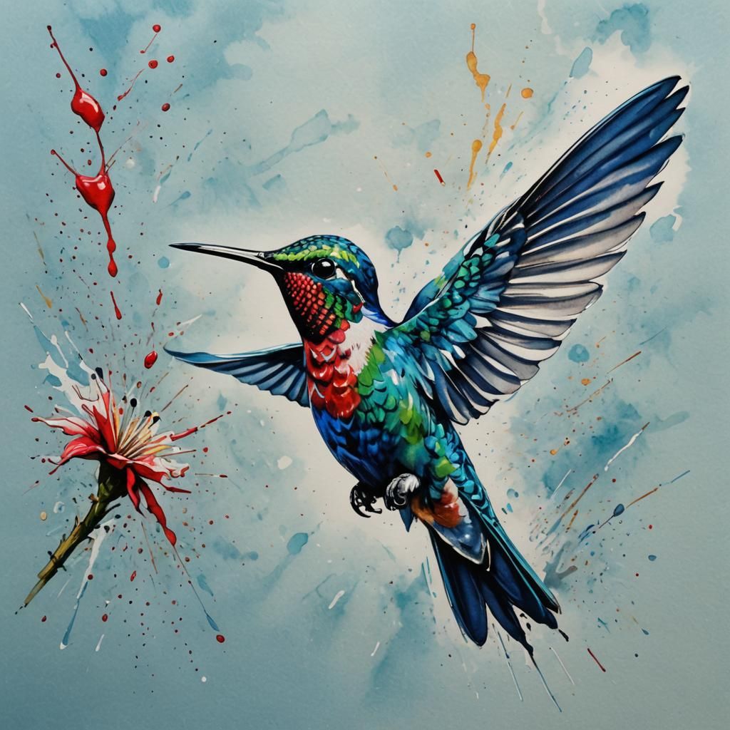 Hummingbird in Flight: Watercolour and Ink Painting