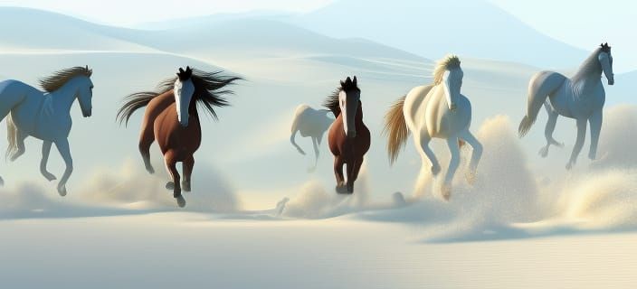 Galloping Horses in Desert Landscape with Volumetric Lightin...