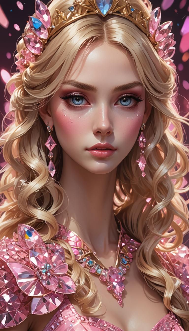 Young crossdresser close up of face beautiful big eyes makeup on long blonde hair tied back dressed in pink ballgown mad...
