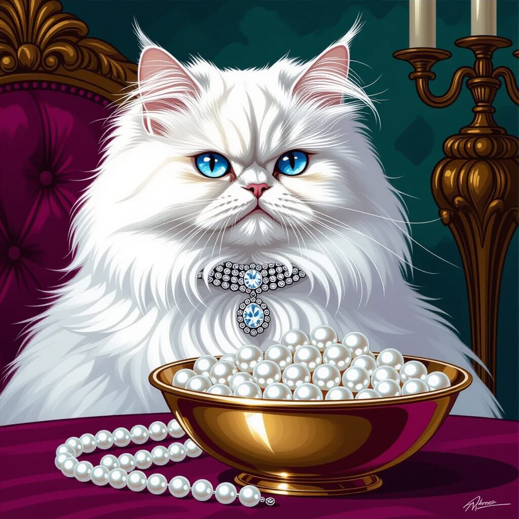 Diamond Cat Glaring at Pearls in Comic Book Style