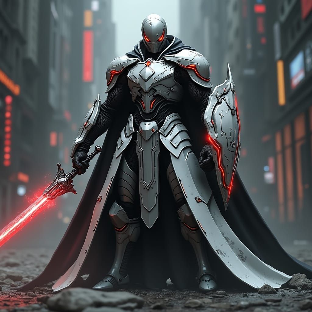 Archon Knight in Cyberpunk Cityscape
