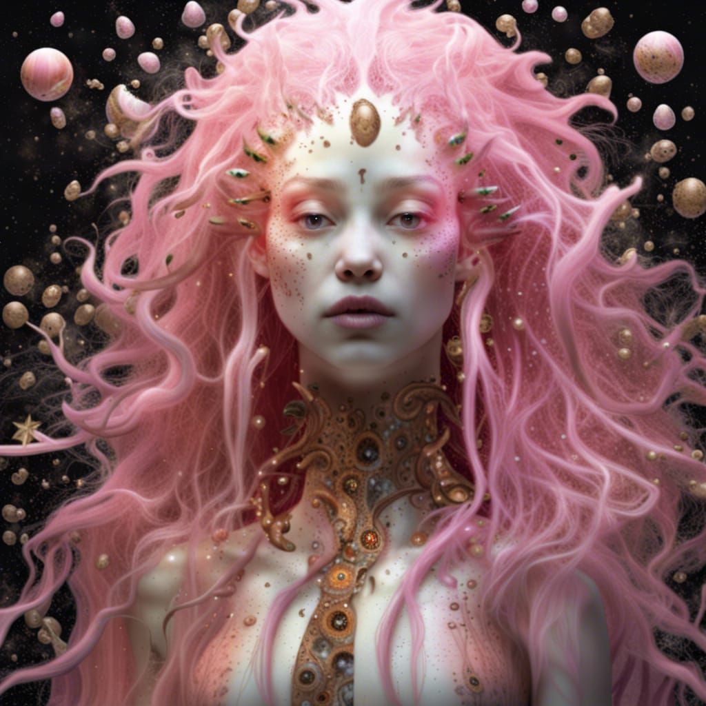 Alien Queen with Pink Hair in Klimt-Inspired Nebula