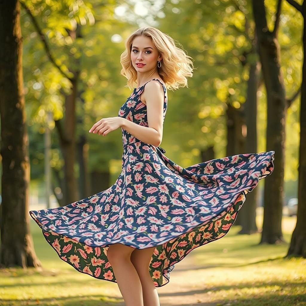 Beautiful Woman Dancing in Park with Swirling Skirt