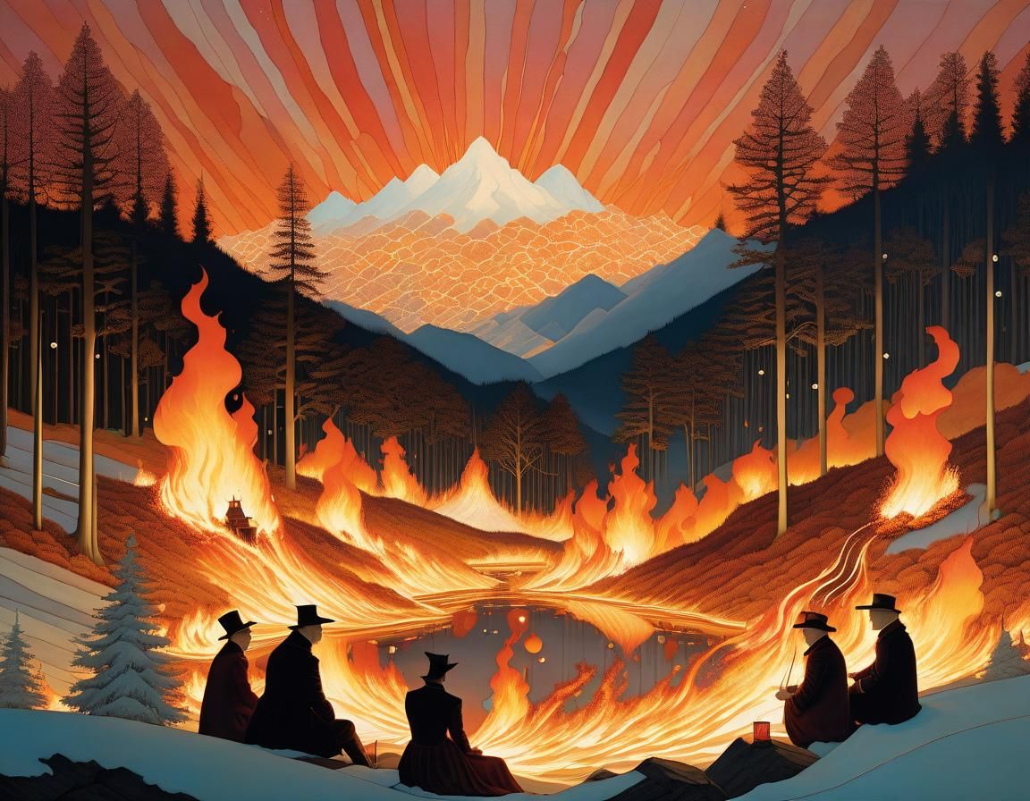 Surreal Sunset Scene in Whimsical Watercolor Style