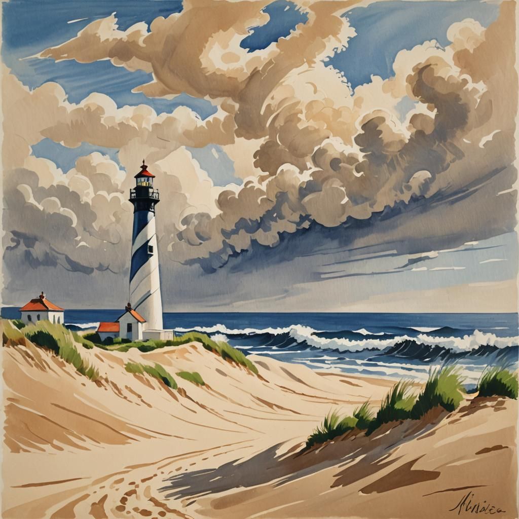Matisse-Inspired Lighthouse on a Dune, Gouache Painting