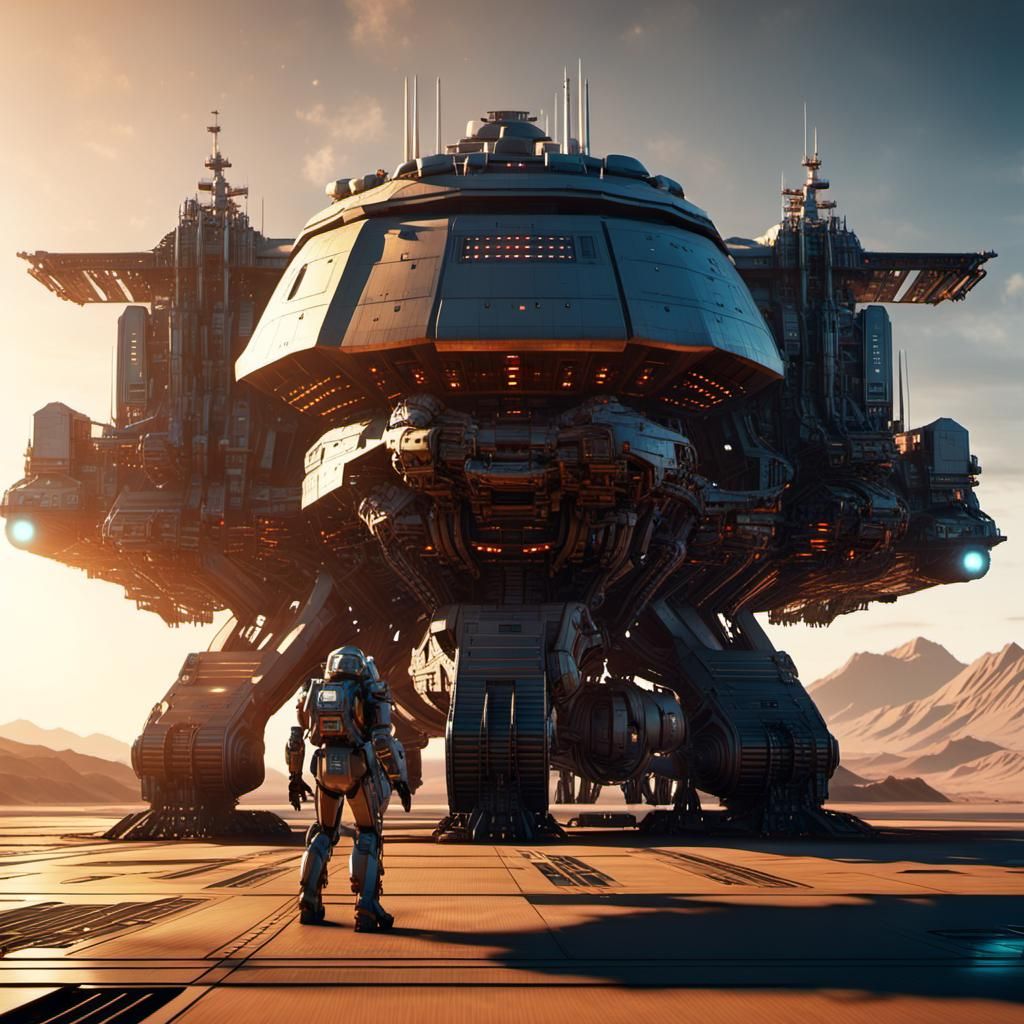 Futuristic Sci-Fi Cargo Ship at Sunset