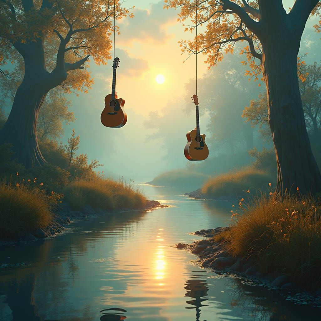 Dreamy Mississippi Landscape with Floating Guitars