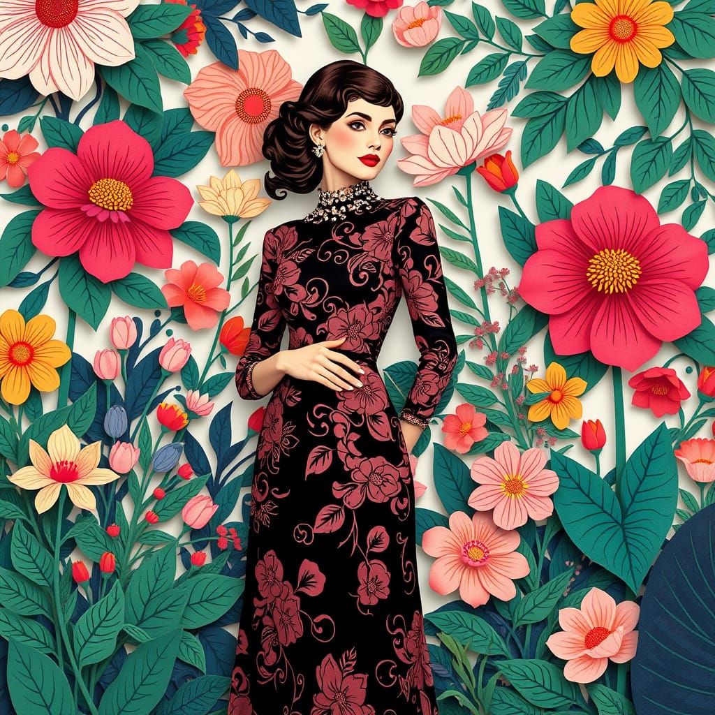 Elegant Woman in Dreamlike Garden, Floral Art
