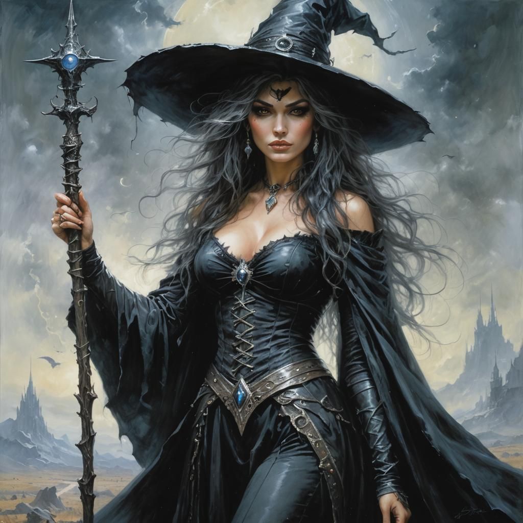 A beautiful witch, wearing a big witch hat, and holding a bi...