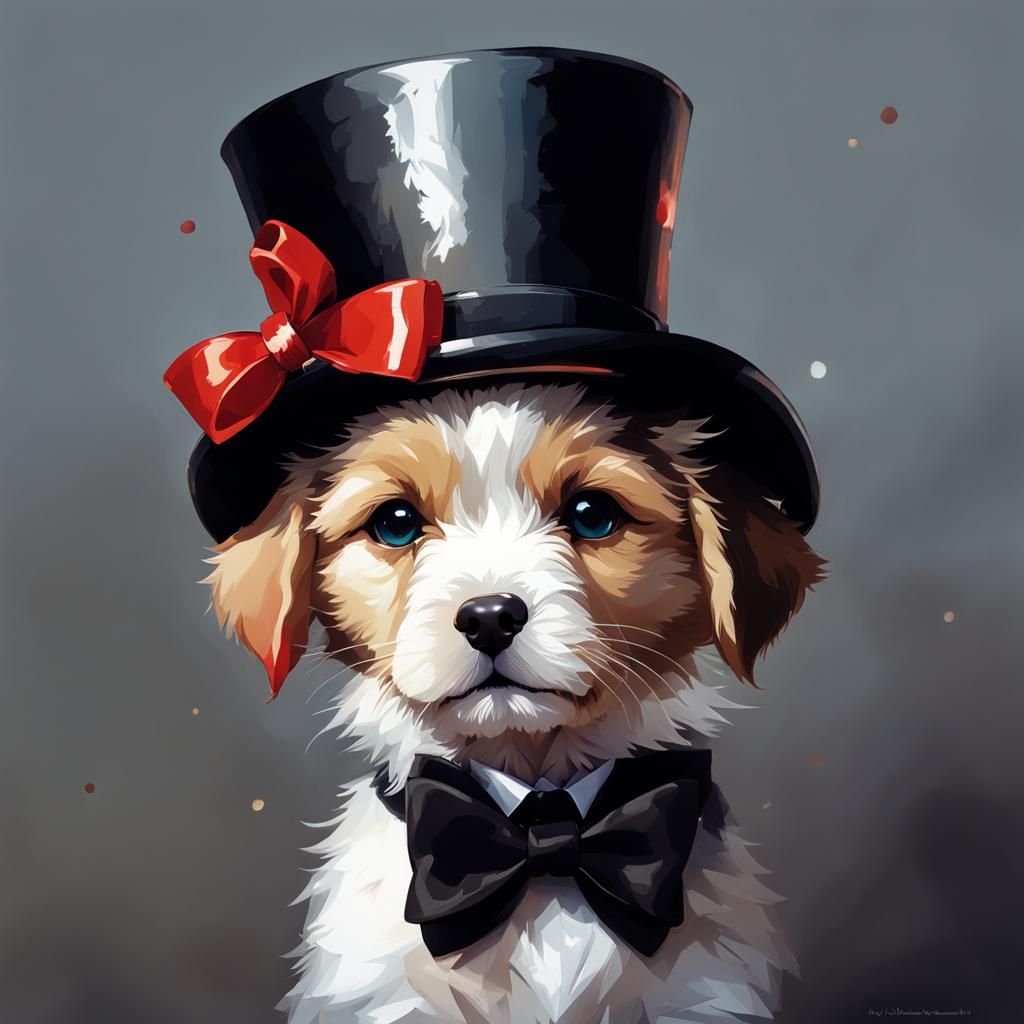 Puppy Portrait with Top Hat, Detailed Studio Photo