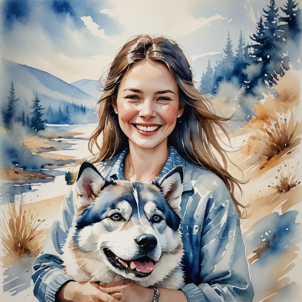 Watercolor Portrait of a Happy Woman and Husky