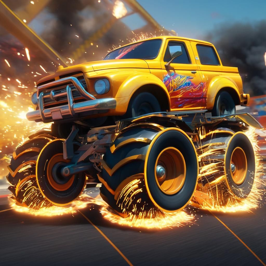 Yellow Carro Truck on Racing Track in Anime Style