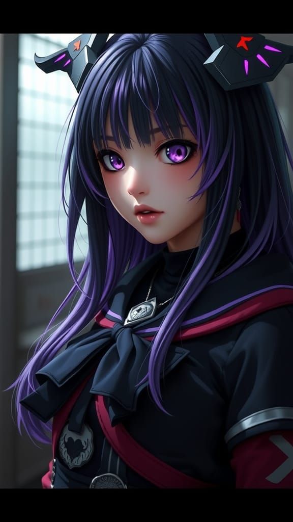 A girl with black and purple hair wearing the Demon Slayer u...