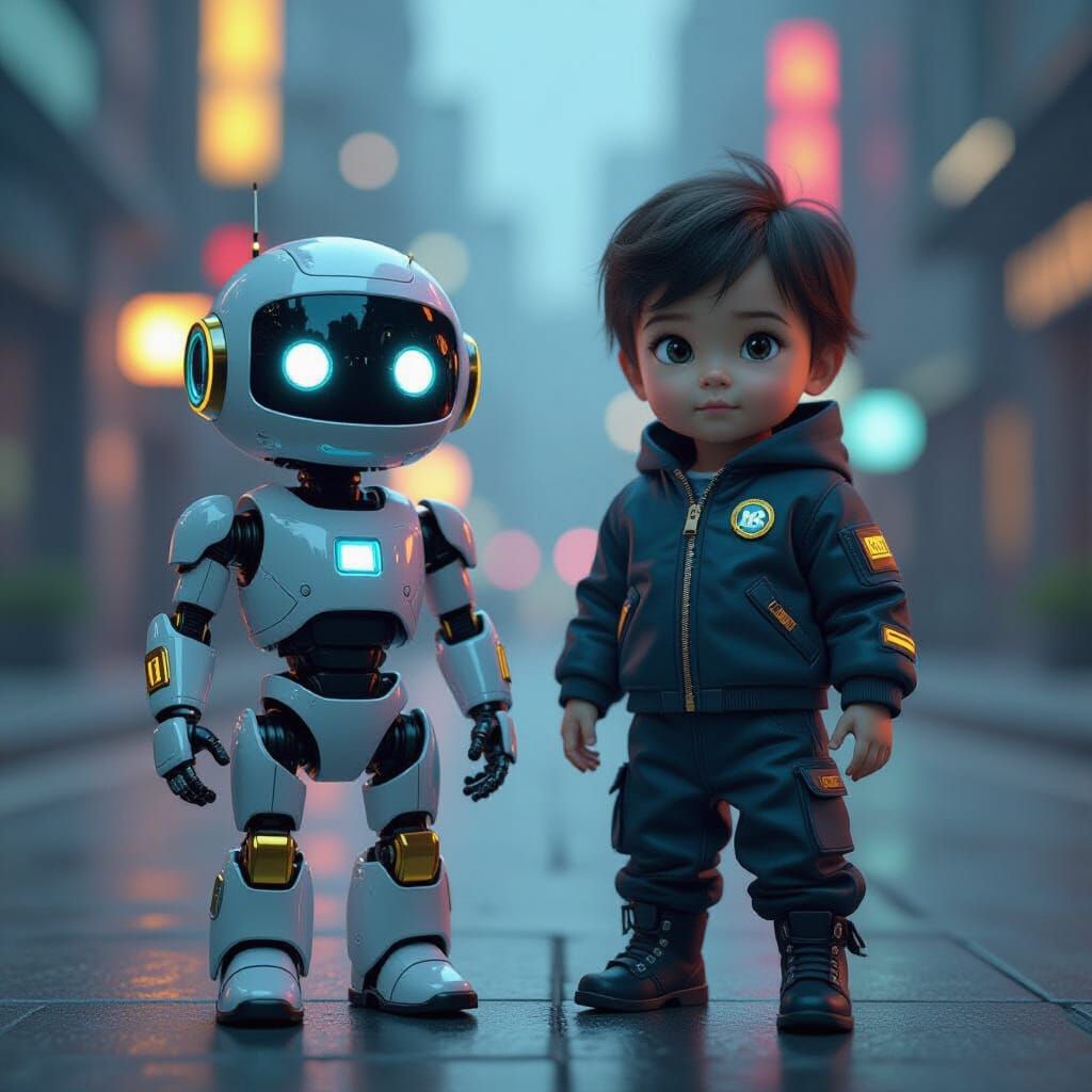 Cyberpunk Child and Robot in Matching Futuristic Outfits