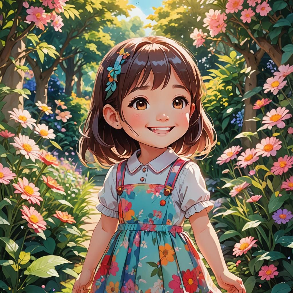 Chibi Girl in Vibrant Garden, Anime Style