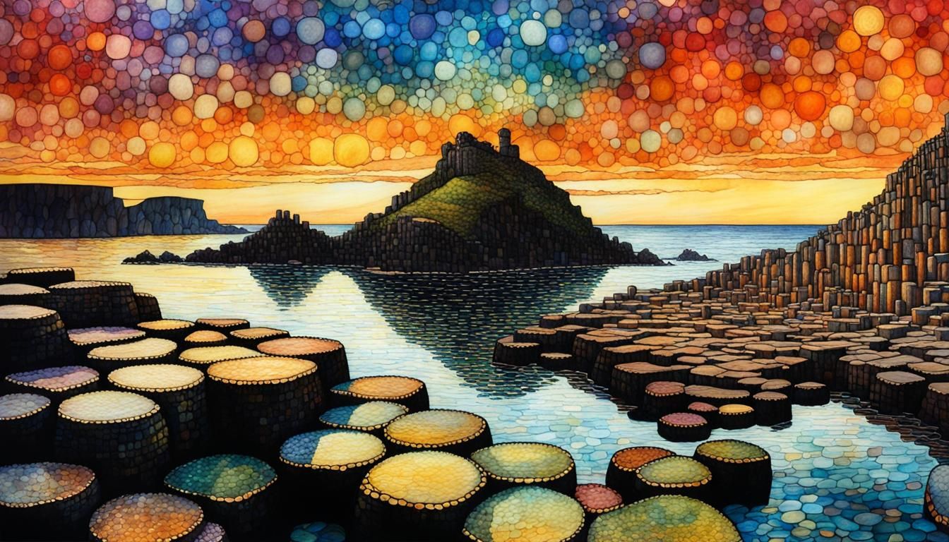 Giant's Causeway Sunset in Klimt-Inspired Patchwork Style