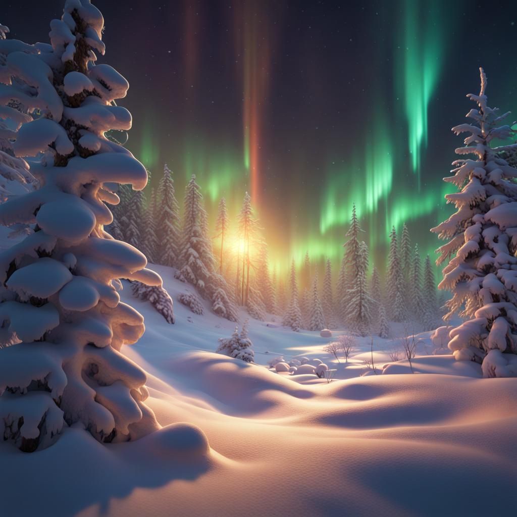 Holographic Snowman Projected in Northern Lights