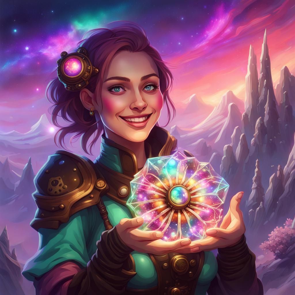 Woman with Steampunk Flower in Nebula Sky