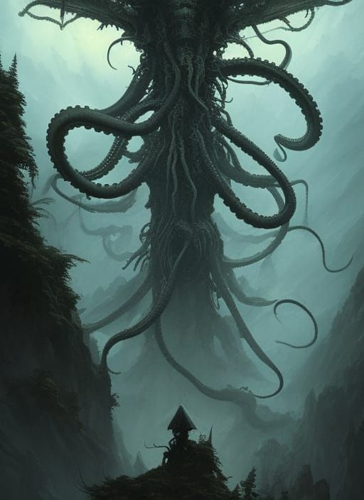 Tentacled Horror Over Forest, Dark Fantasy Art