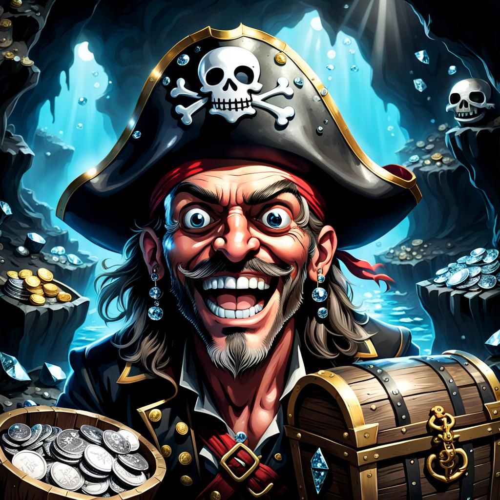 Googly-Eyed Pirate Captain Laughing in Crystal Cave