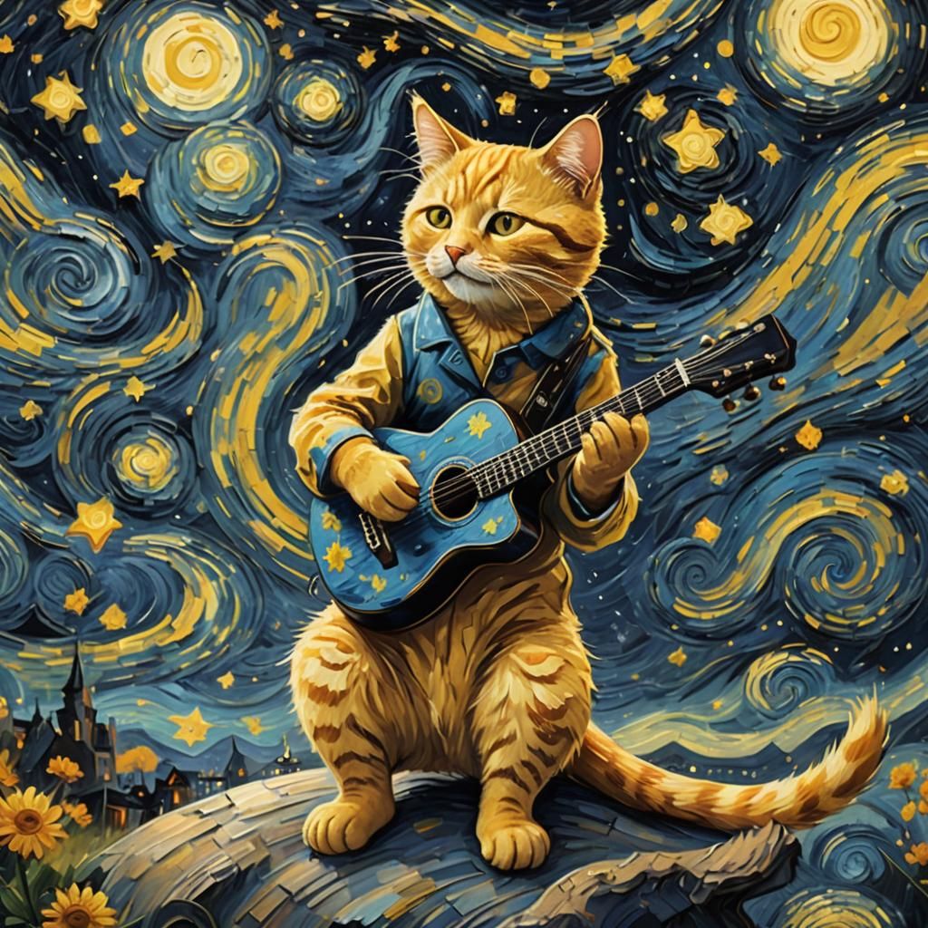 in the style of van gogh's starry night, impressionist surreal painting of a cute relaxed yellow cat playing guitar at n...